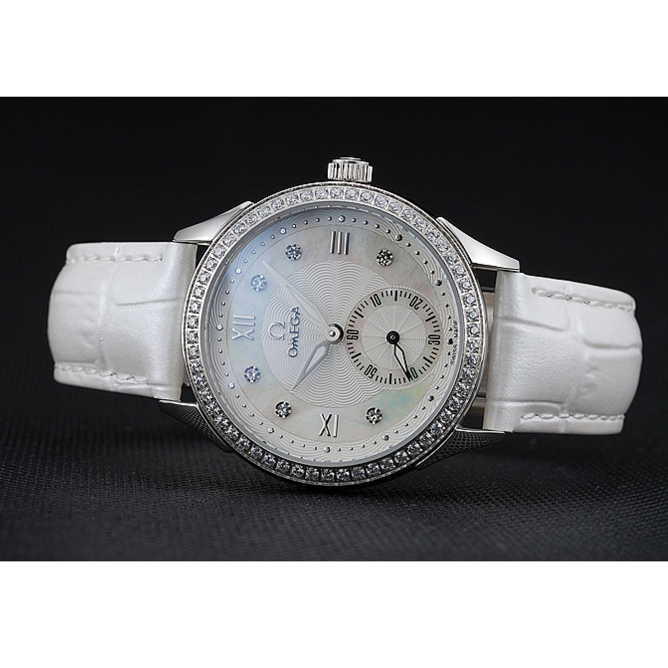 1013 Omega DeVille Prestige White Dial Silver Diamond Case White Leather Bracelet 1454119